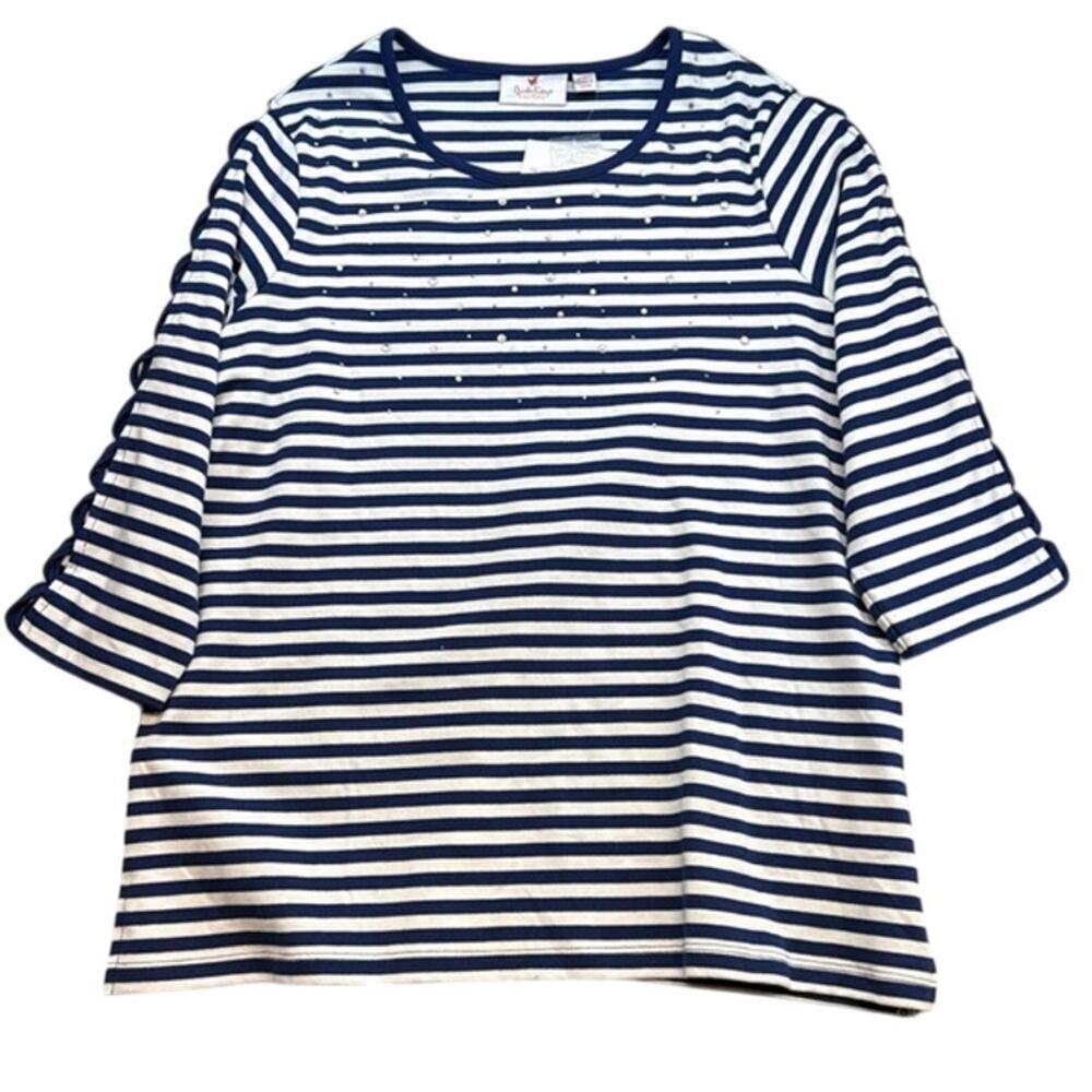New‎ Quacker Factory by Jeanne Bice Blue White Embellished 3/4 Sleeve Top Large